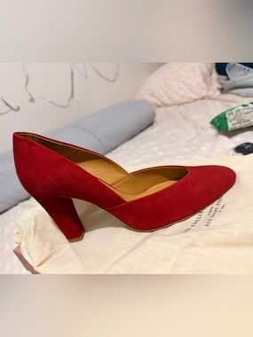 Sezane Red Suede Block Heel Pumps